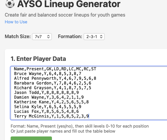 Sample Player Data with Rankings
